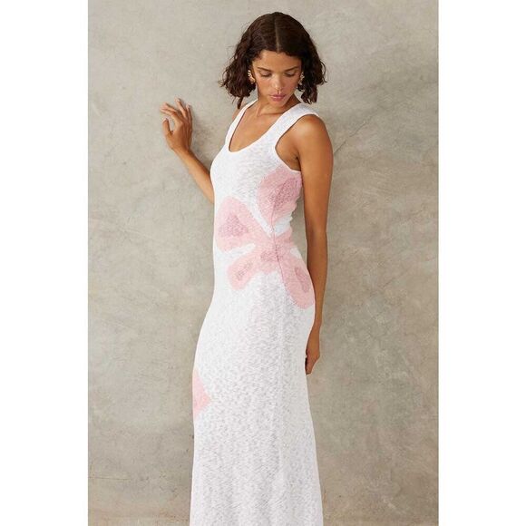 MON RENN BLOOM KNIT MIDI DRESS - WHITE / PINK Vacation Dress size S NWT$229 - Picture 4 of 9